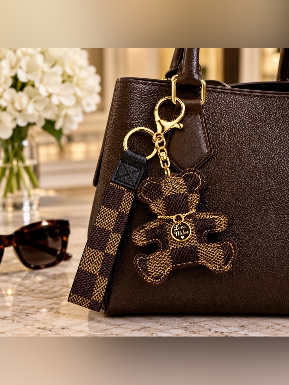 Brown Checkered Teddy Bear Bag Charm Wristlet Keychain Gold Tone NWT